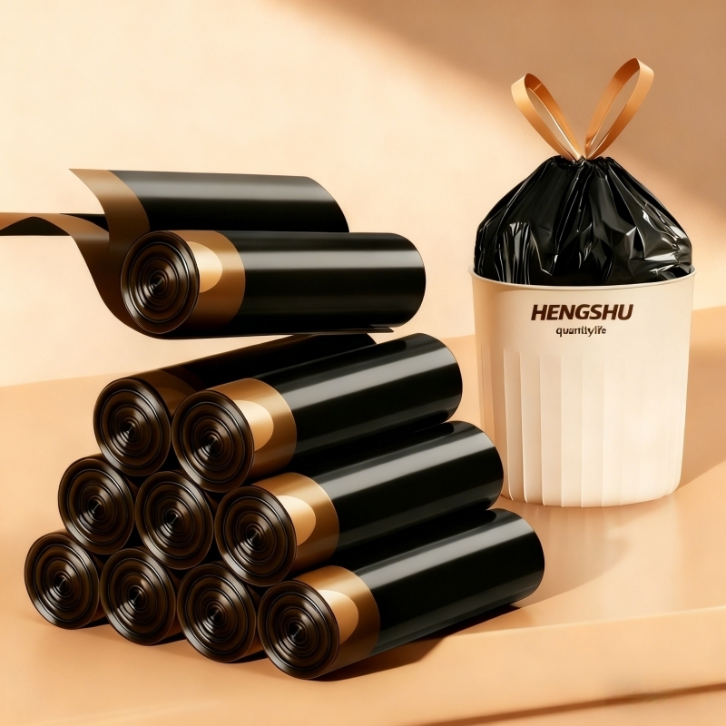 恒澍抽绳式黑色家用垃圾袋加厚手提式中号厨房清洁大号特厚塑料袋