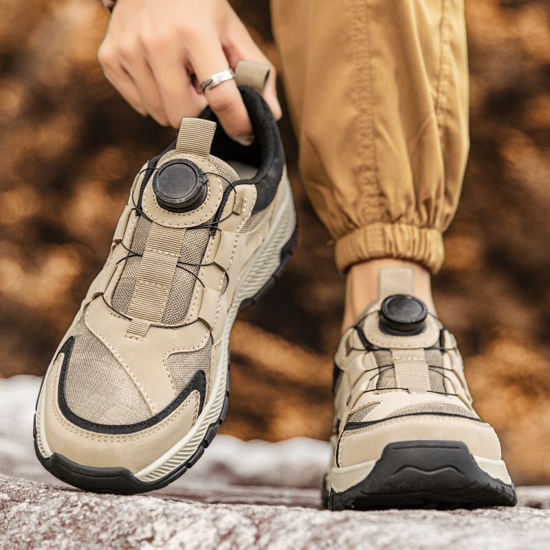 旋转纽扣男鞋秋季免系鞋带休闲运动鞋男士网面透气防滑户外登山鞋