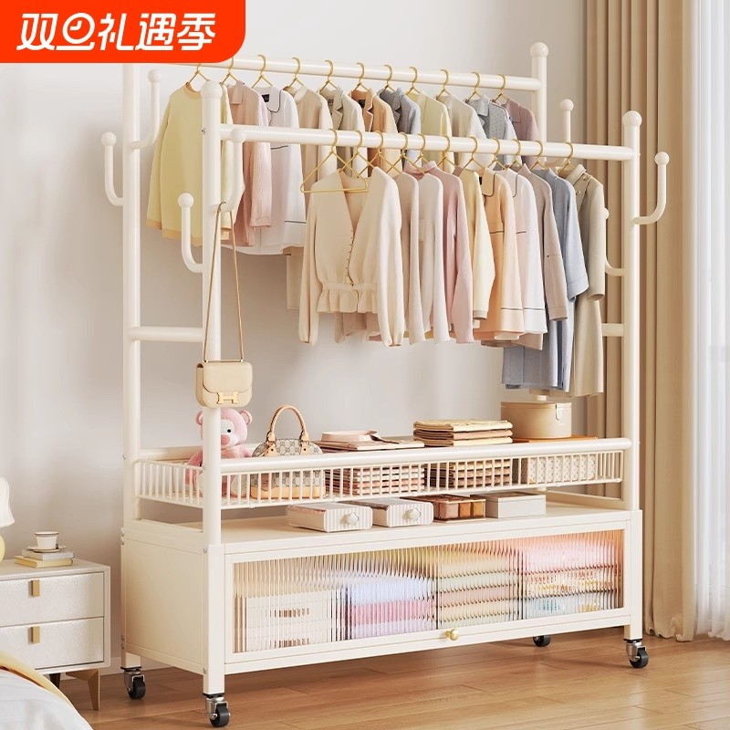 卧室落地加粗衣服架子家用简易衣帽架客厅阳台移动衣架储物柜双排