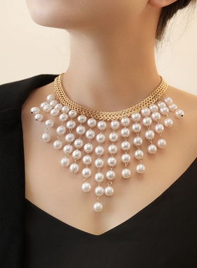欧美跨境饰品 多层长款珍珠流苏项链 新款夸张设计珍珠围兜项链