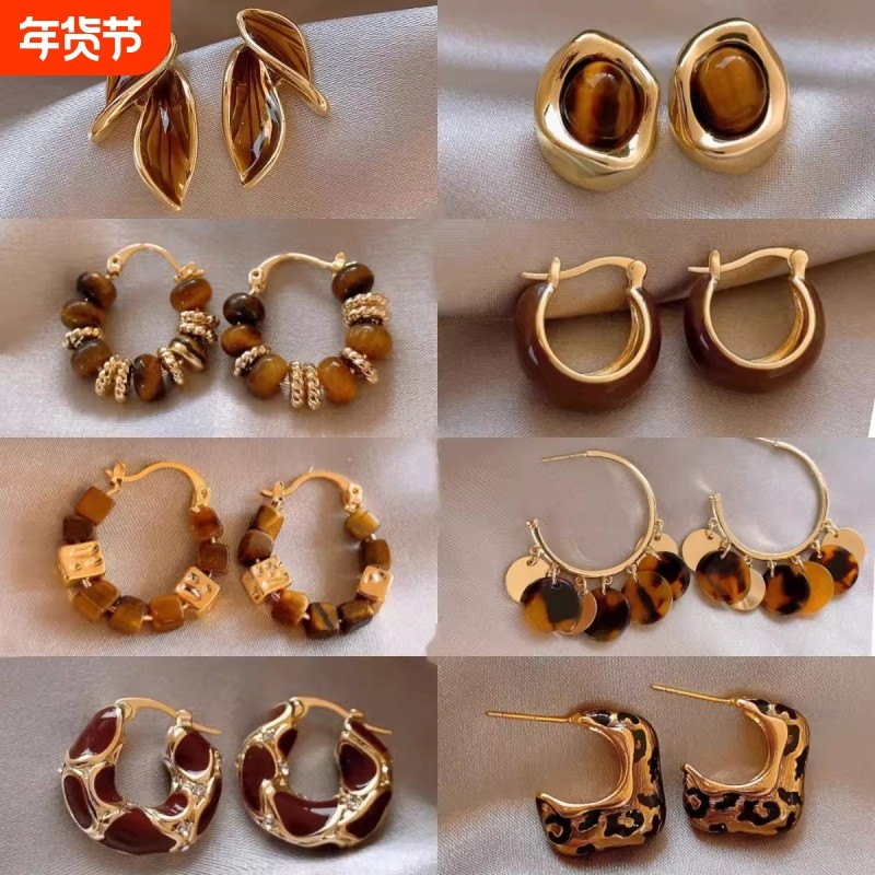 欧美跨境复古咖色耳扣轻奢美拉德风时尚耳环女高级感耳饰品虎眼石