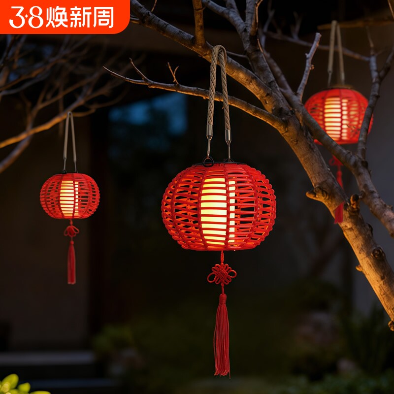 太阳能庭院装饰红灯笼新年中式手提灯挂树灯阳台红色充电发光电池