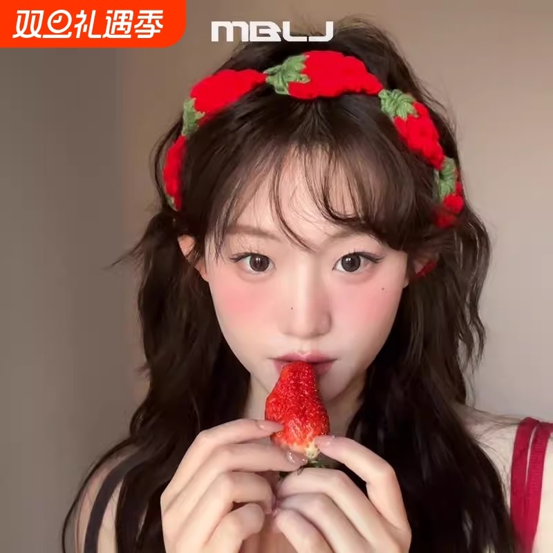 甜美可爱风手工DIY编织草莓发带女针织系带发绳日常出游拍照头饰