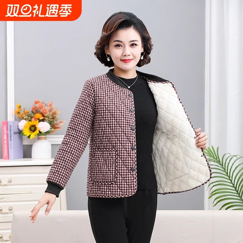 中老年秋冬新款时尚格子加绒短外套妈妈装洋气圆领加厚保暖棉服女