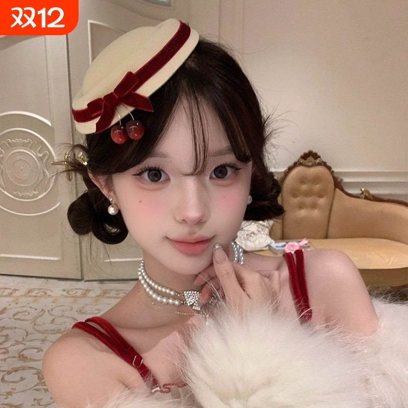 圣诞节头饰蝴蝶结樱桃千金小礼帽发饰可爱发夹发卡装扮海军帽子