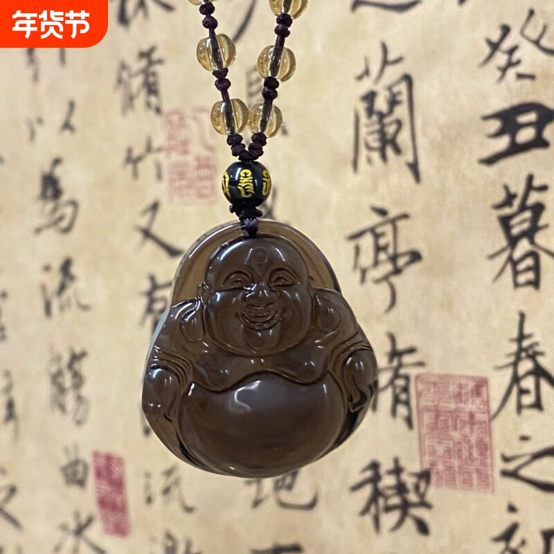 厂家批发天然黑曜石吊坠冰种弥勒佛笑佛项坠水晶项链闺蜜朋友