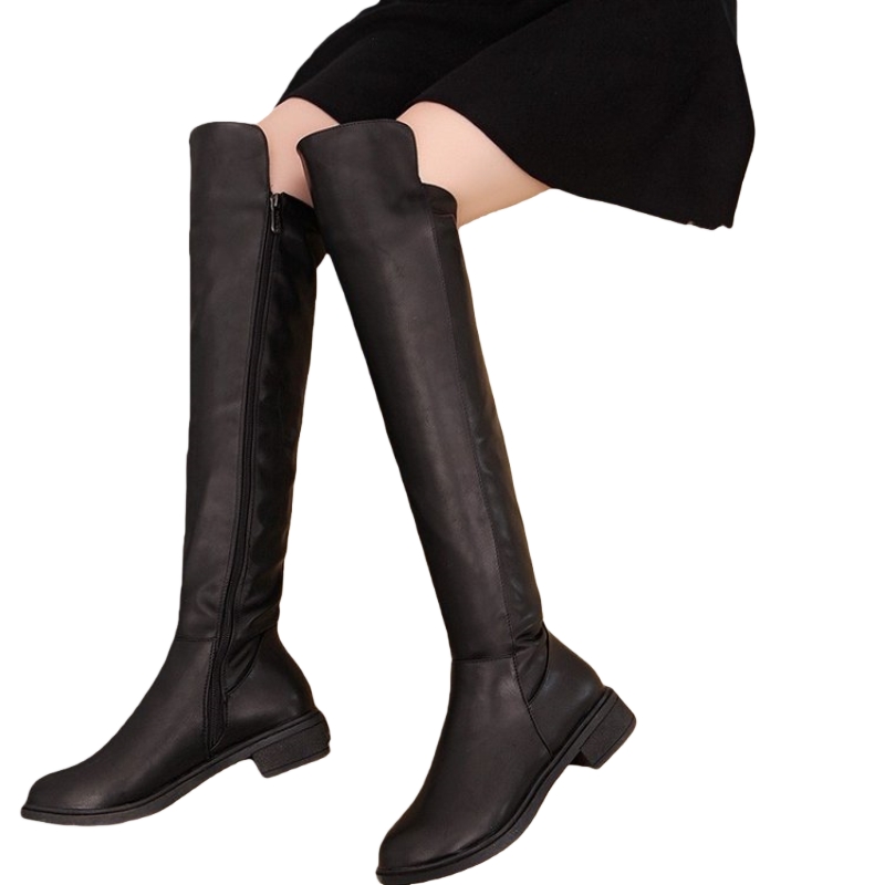 过膝长靴侧拉链单靴长筒秋冬骑士靴加绒高筒靴马丁瘦瘦靴ins黑色