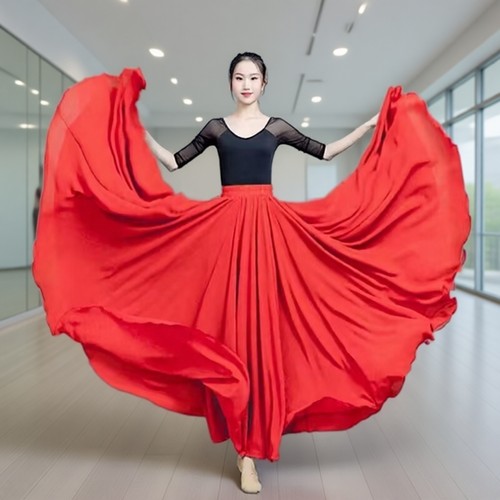 720双层雪纺大摆裙广场舞红裙子新疆舞蹈服装女现代舞半身裙长款