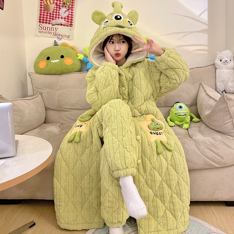 睡袍女冬季加厚加绒三层夹棉长袍