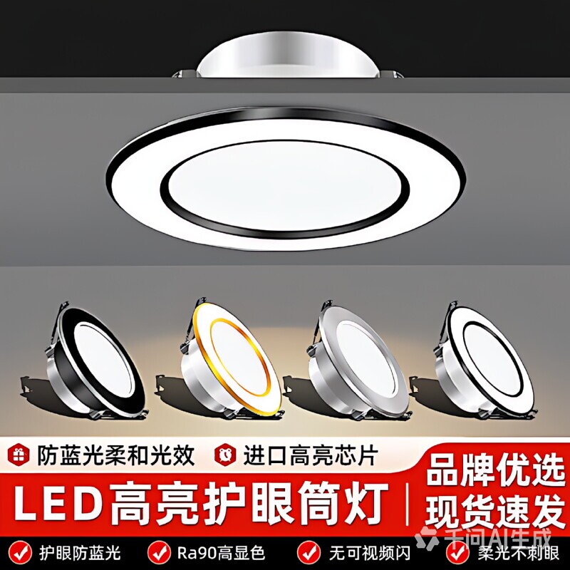 筒灯led天花灯射灯嵌入式三色5W铜灯客厅家用猫眼灯孔6.5/7/8公分图片