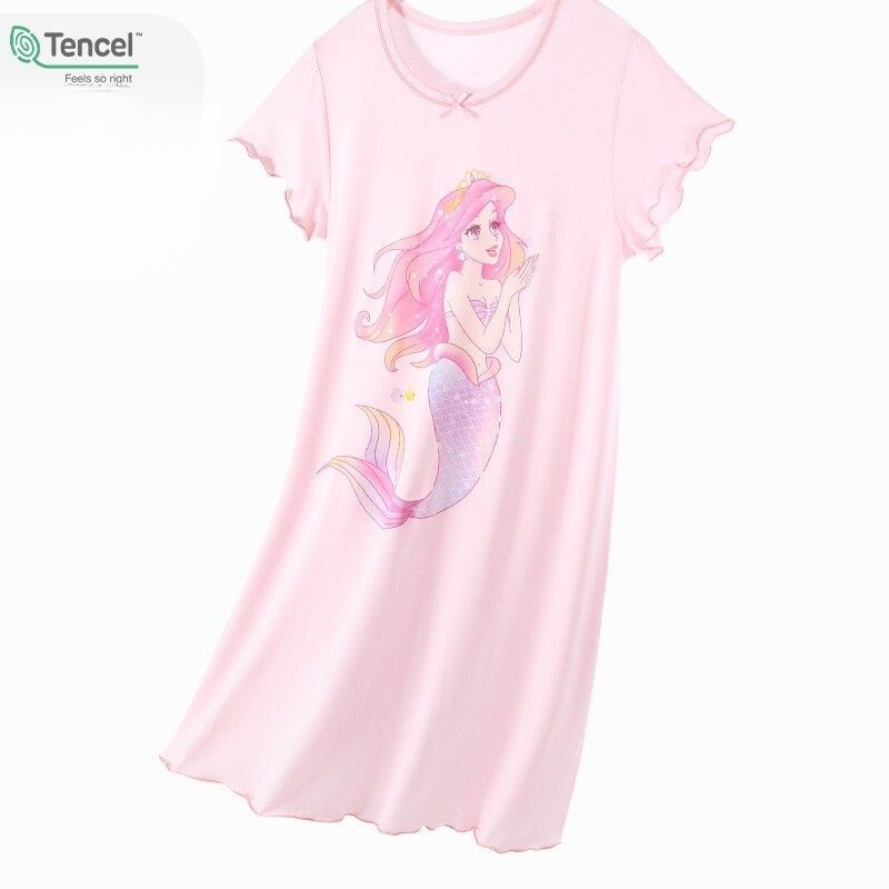女童短袖睡裙2026新款夏季儿童冰丝睡衣女孩美人鱼公主裙子家居服