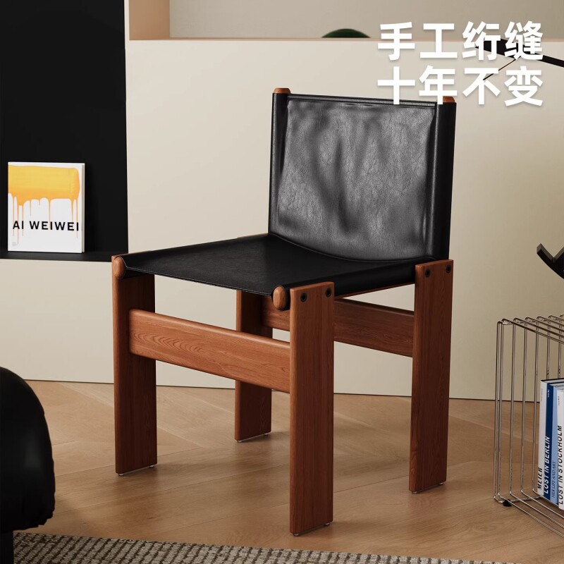 中古实木餐椅家用复古侘寂风靠背椅子黑色设计师餐厅吃饭餐桌椅子