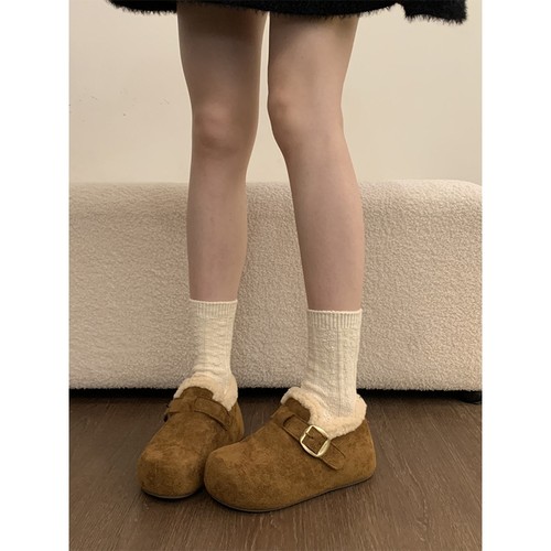 内增高厚底加绒全包勃肯鞋女鞋2025新款冬季一脚蹬豆豆鞋毛毛棉鞋