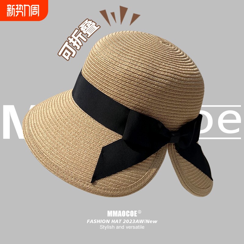 法式草帽海边遮阳可折叠扎马尾蝴蝶结显脸小防晒太阳帽度假渔夫