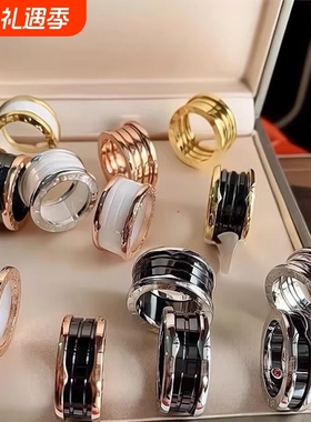 时尚黑白陶瓷戒指男女情侣对戒经典窄女指环个性潮流玫瑰金弹簧