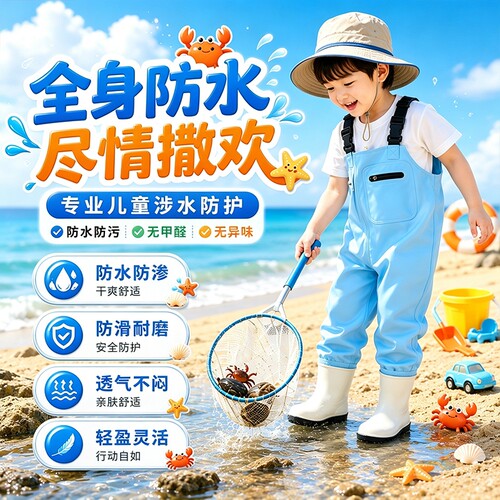 儿童连体防水下水裤男女童户外钓鱼赶海摸鱼一体雨靴涉水裤玩水