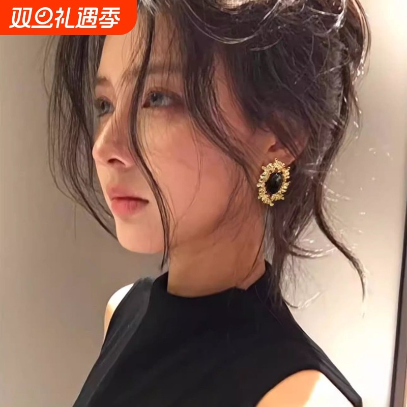 中国风黑色椭圆金属夸张耳环女高级感气质欧美复古宫廷耳钉耳饰新