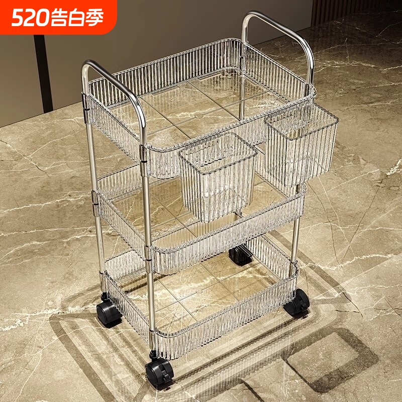 亚克力零食置物架小推车落地收纳盒多层化妆品移动卫生间透明厨房