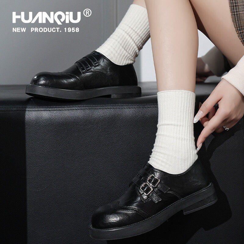 环球真皮厚底布洛克印花小皮鞋女2026春夏新款双扣带英伦风乐福鞋