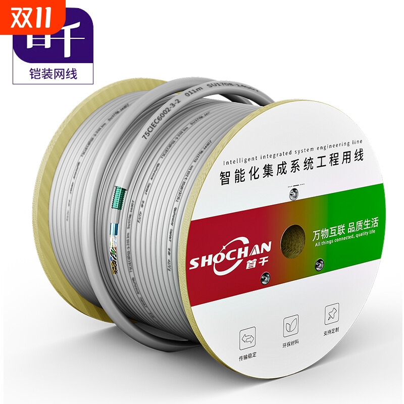 首千超五类铠装屏蔽网线防鼠咬室内外地监控路由器网络线无氧纯铜