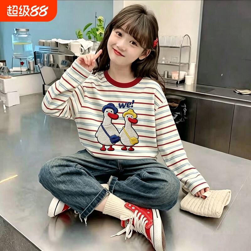 全棉女童撞色条纹短袖t100%纯棉夏季儿童仿刺绣印花宝宝上衣T恤图片