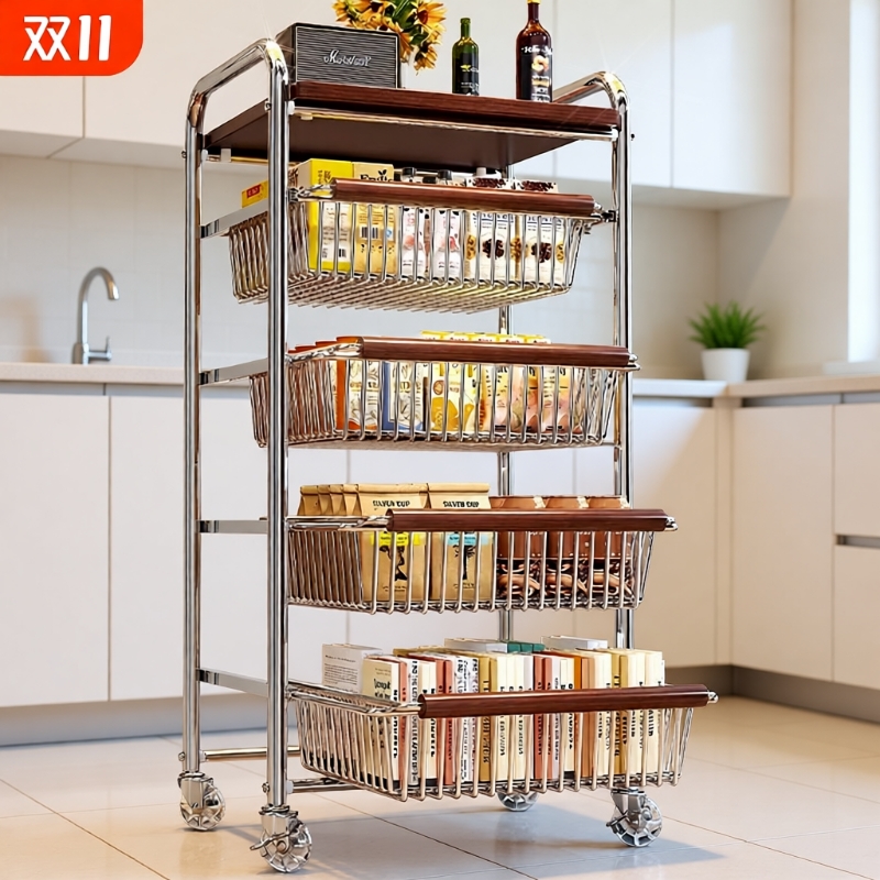 中古风零食置物架多功能夹缝小推车多层果蔬厨房菜篮可移动收纳架