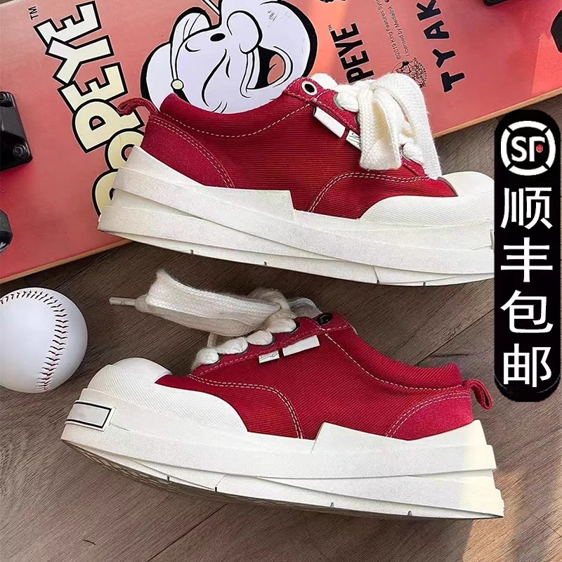 夏季休闲厚底大头面包鞋女ins原创不闷脚滑板鞋小众红白色混的鞋