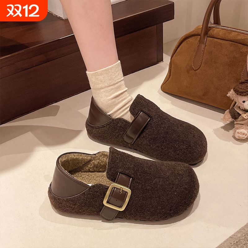 毛呢加绒勃肯鞋女2025秋冬新款保暖棉鞋灰色呢子毛毛鞋鞋单鞋防滑