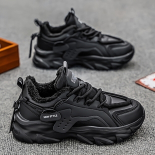 加绒运动鞋 男鞋 皮面跑步鞋 黑色二棉鞋 大码 保暖学生老爹鞋 46冬季