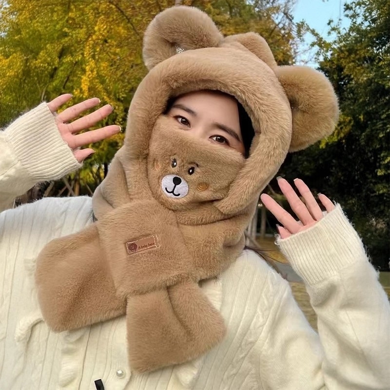 小熊帽子女冬季围巾一体保暖防寒