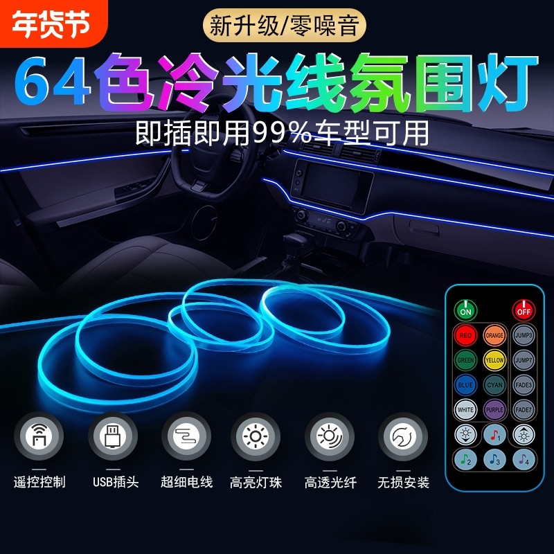 汽车冷光线氛围灯车内装饰灯七彩声控光条USB免接线LED中控车门灯