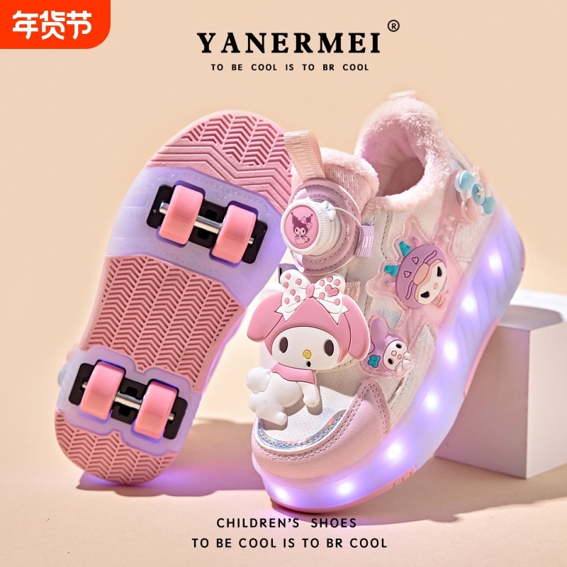 女童暴走鞋秋冬加绒儿童溜冰滑轮鞋女孩紫色旋转粉色防滑四轮