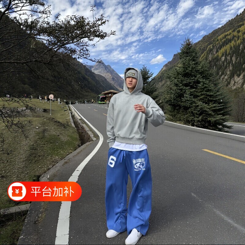 美式刺绣植绒印花慵懒版型弯刀阔腿裤秋冬百搭运动长裤休闲卫裤