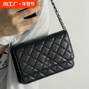 真皮头层牛皮小方包菱格链条包包小香风woc发财包黑银单肩斜挎包
