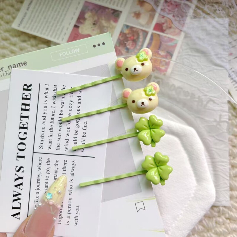 可爱四叶草轻松熊发夹ins少女甜美卡通无痕刘海侧边夹发卡化妆夹