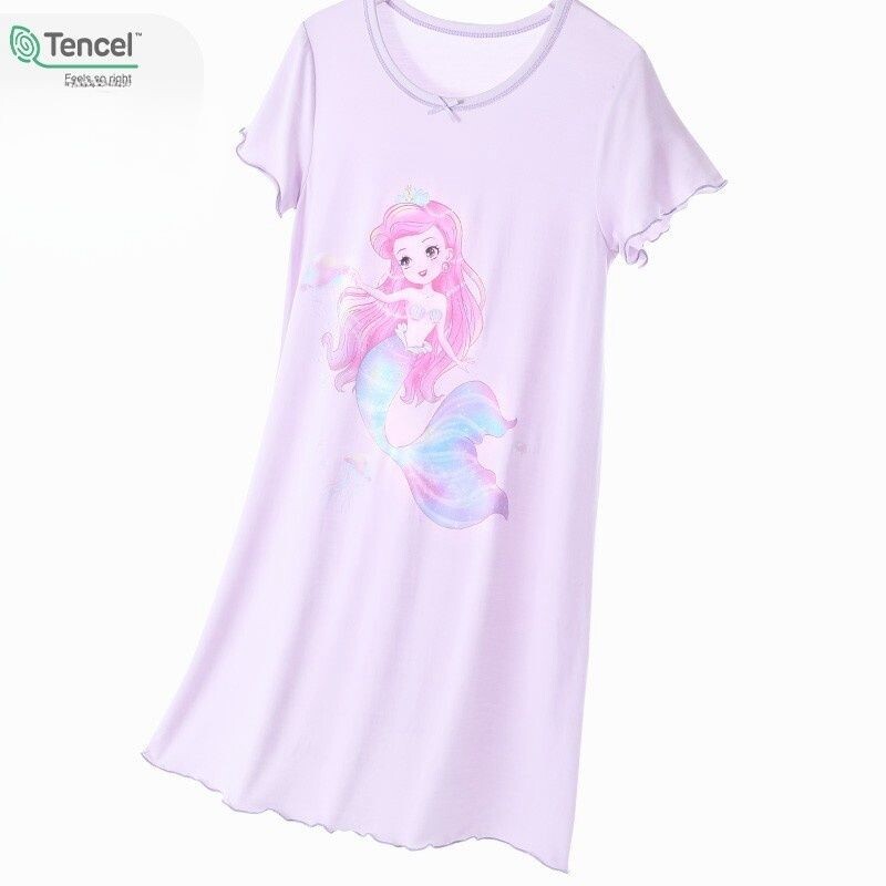 2026新款夏季女童短袖睡裙儿童冰丝睡衣女孩美人鱼公主裙子家居服