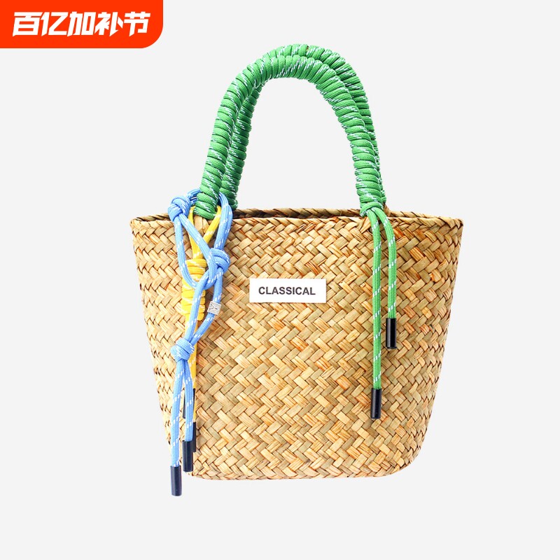 新款草编包大容量编织包手工编织尼龙绳挂饰女草编手提包女包红色