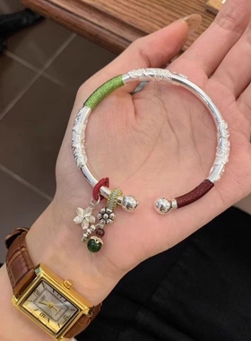 幂琳2026新款开口纯银手镯女s999足银镯子实心送女友南瓜竹节花丝