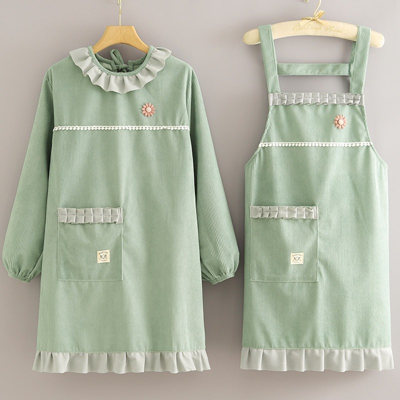 2023新款网红厨房家用条绒长袖围裙耐脏罩衣可爱上班工作服女洋气