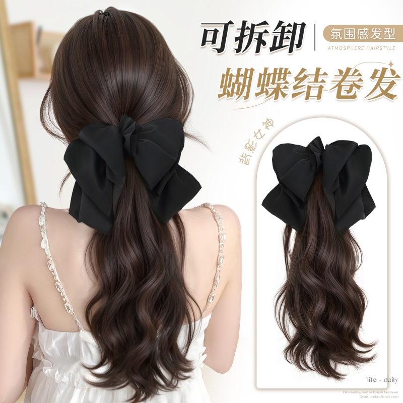 马尾假发女仿真人发抓夹高卷发假马尾自然蓬松长发假辫子蝴蝶结