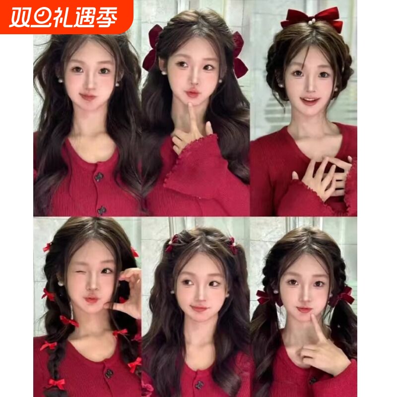 韩剧女主珍珠立体蝴蝶结红色丝绒顶夹发带发卡侧边发夹过年头饰