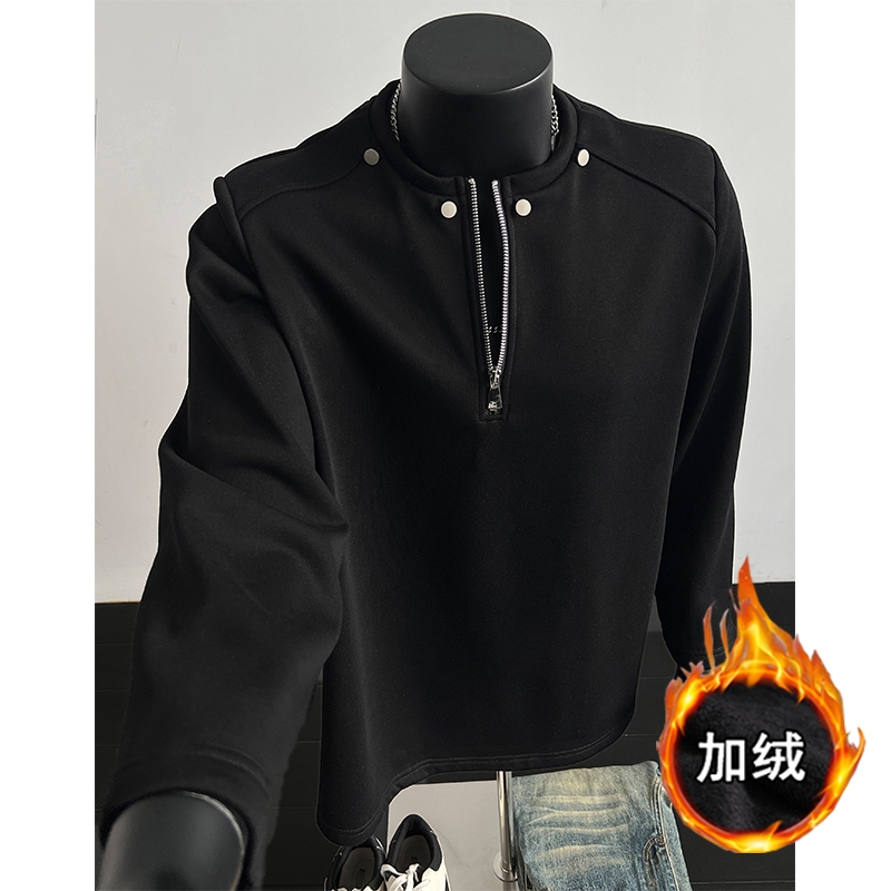 加绒黑色半拉链垫肩上衣男士潮流美式圆领长袖T恤痞帅青少年体恤