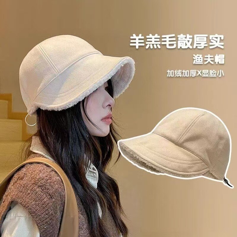 2025新款同款帽子女秋冬渔夫帽大头围加厚保暖羊羔毛鸭舌帽加绒