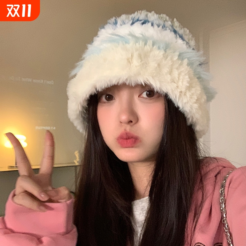 加厚毛绒针织套头帽子女秋冬防寒骑行毛线帽保暖护耳显脸小大头围