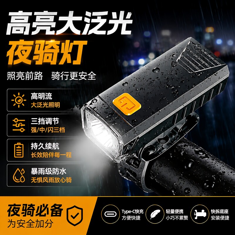 自行车夜骑灯公路车下专用挂前灯山地车灯儿童长续航截止线照明灯