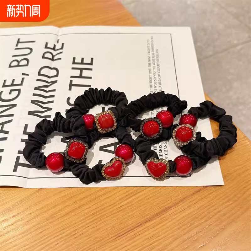 红色爆款珍珠闪钻小肠发圈精致爱心方块扎发头绳甜美少女马尾发绳