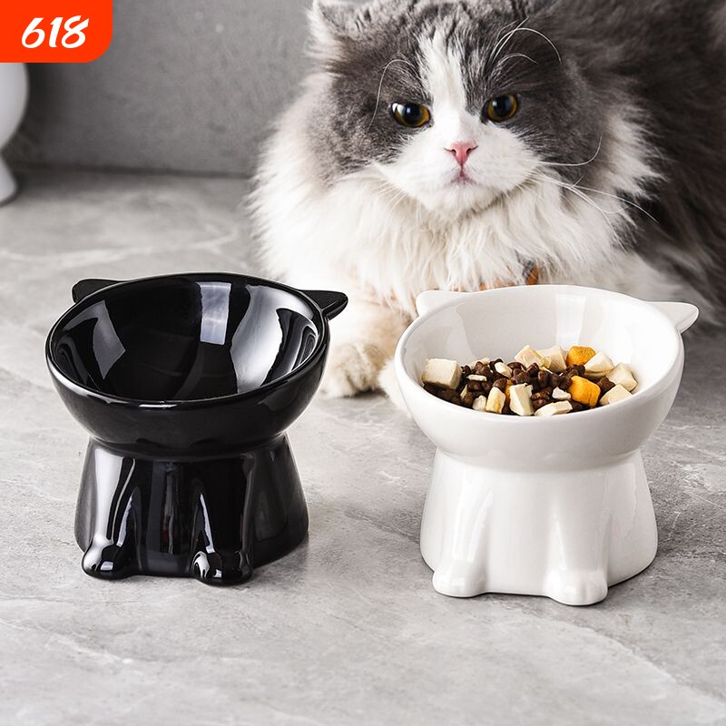 黑色猫碗陶瓷猫食盆防打翻斜口高脚水碗保护颈椎饭碗宠物用品吃饭
