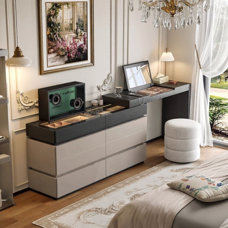 实木翻盖镜子梳妆台斗柜一体主卧室意式风伸缩转角床尾柜化妆桌子