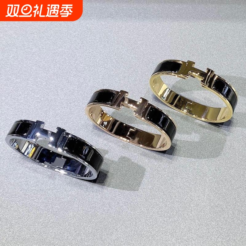 字母珐琅手镯女H扣新款玫瑰金经典款宽版手环情侣简约高级感送礼