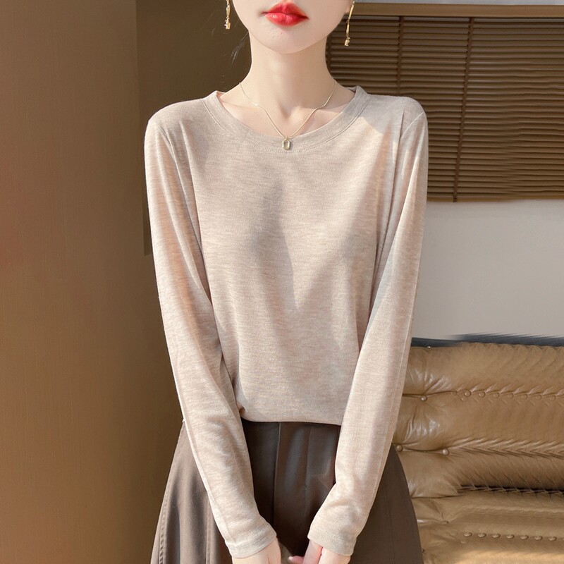 精纺打底衫女圆领宽松套头长袖面膜T恤春夏薄款针织衫潮肤色紫色